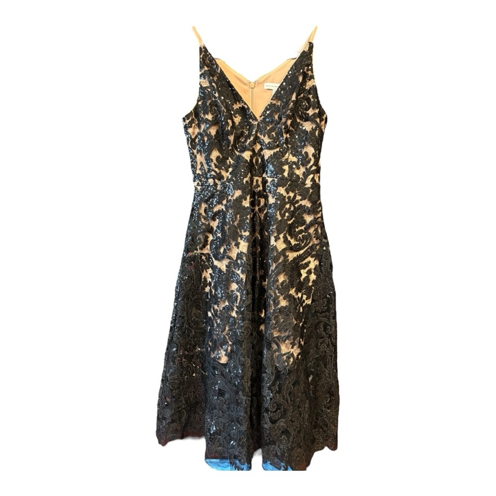 Dress the Population NWT Black Lace Sequin Midi Dress Nude Lining Size L ARG - Picture 3 of 7